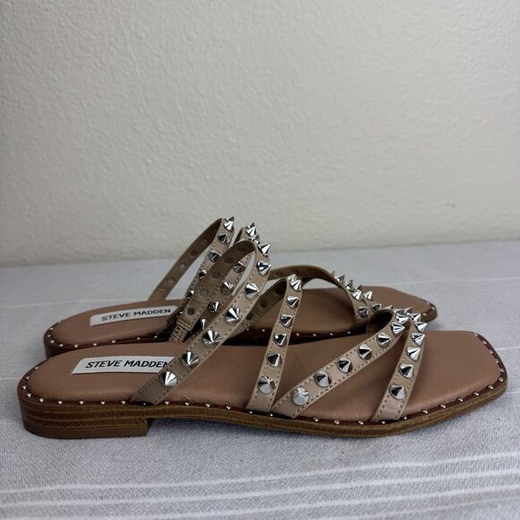 Steve Madden Skylar Slip On Studded Strappy Flat Sandal Bling Tan Silver 7.5 - Picture 2 of 11